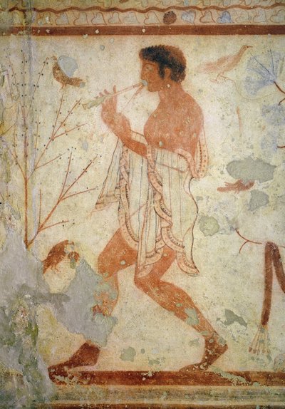 Musician Playing a Double Flute, from the Tomb of the Triclinium, c.470 BC by Etruscan